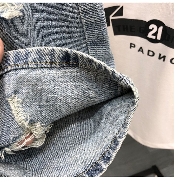 High end summer denim Korean version slim fit small leg shorts for men's trendy brand hole torn beggar five piece pants_voghion.com