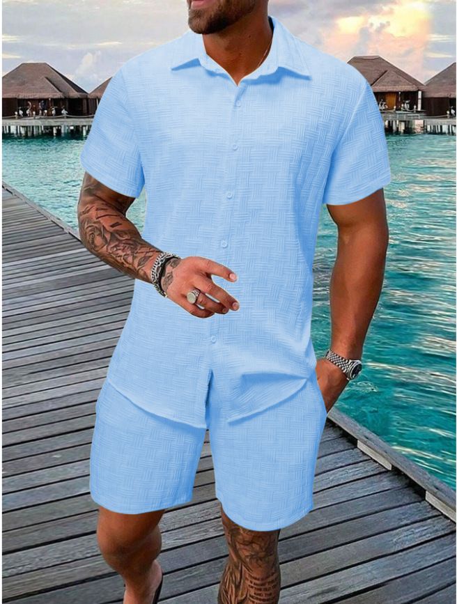 Herenkleding Zomer Jacquard Zwart Wit Effen Kleur Herenpak Korte Mouw Vakantie Casual Stijl Overhemd Shorts Tweedelig Pak_voghion.com