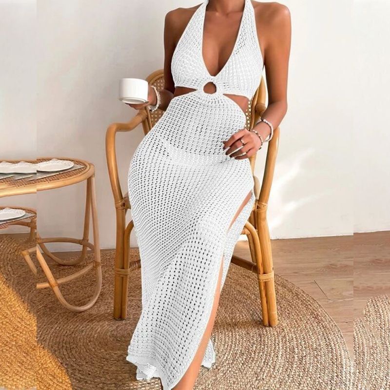 Vêtements pour femmes, nouvelle jupe de plage d'été pour femmes, couleur unie, sexy, tricotée, ajourée, robe de plage, cache-maillot de bain_voghion.com