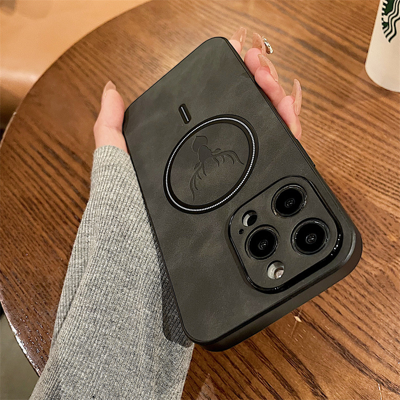 Luxury Deer Pattern Cortex Magnetic Circle Phone Case For iPhone Wireless Charging Magsafe 11 12 13 14 Pro Max Plus XS XR Cover_voghion.com