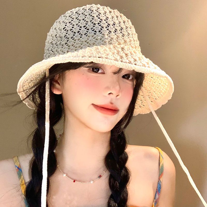 Bucket Hat mit Hohlriemen für Damen, Sommer, dünn, atmungsaktiv, klein, Fischerhut, Sonnenschutz, Sonnenschutz, gewebter Sonnenhut_voghion.com