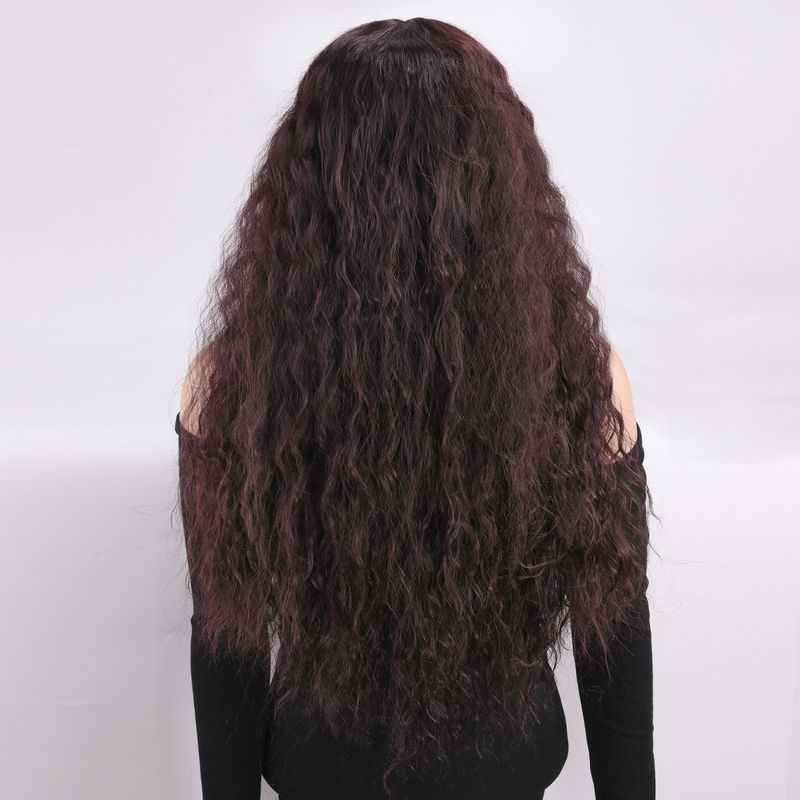 Parrucca con extension per capelli, nuova parrucca per donna, capelli neri ricci alla moda, ondulati, ricci di mais, riga centrale, frangia, copricapo completo._voghion.com
