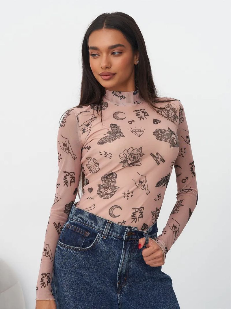 Sexy, durchsichtiges Mesh-T-Shirt im Spicy Girl-Stil für Damen mit Aufdruck als Basis, langärmliges Gareth-Stoff-Oberteil mit hohem Halsausschnitt_voghion.com