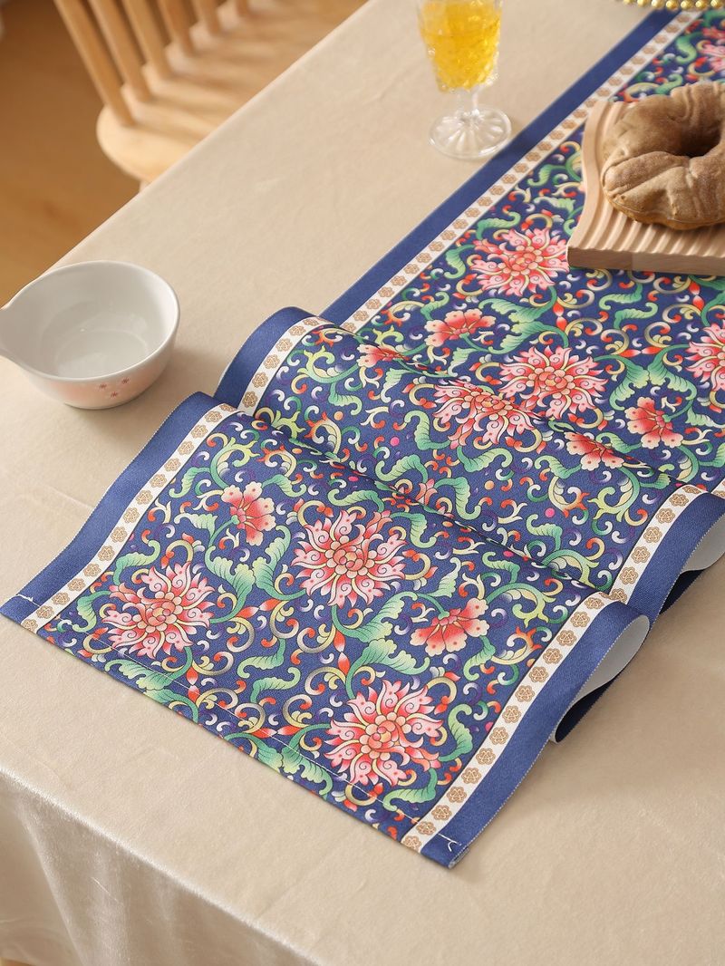 Modern Navy Floral Table Runner - Waterproof & Oil-Resistant, Elegant Home Dining Decor, Washable Polyester Fabric_voghion.com