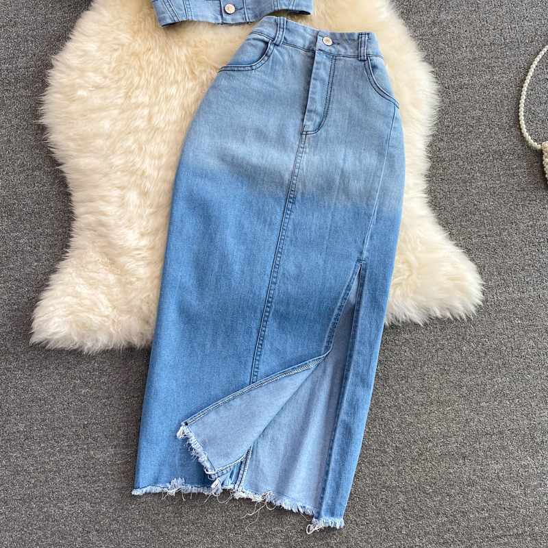 Højtaljet A-formet denimnederdel med mellemlang sideslids til kvinder, kort top med firkantet krave_voghion.com