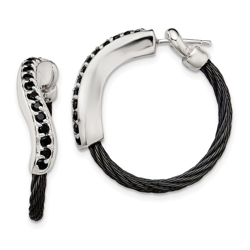 Edward Mirell Black Ti Cable And Sterling Silver With Black Spinel Hoop Earrings_voghion.com