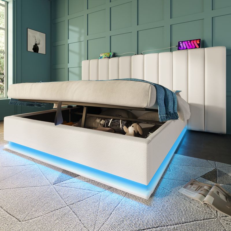 Lit double 160 x 200 cm avec rangement intégré, éclairage LED et recharge USB-C via application, sommier à lattes et matelas inclus, similicuir, blanc_voghion.com