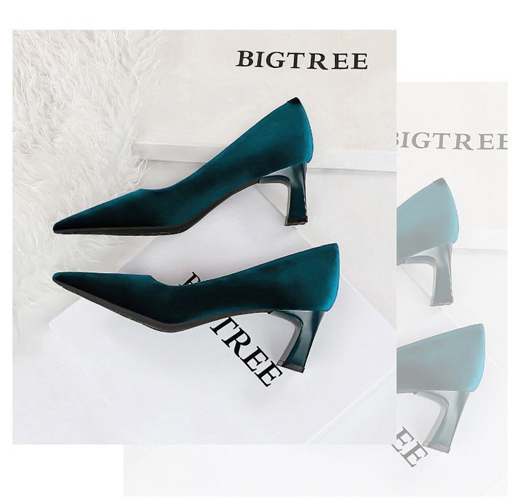 6188-9 Zapatos sencillos de moda para banquetes, de tacón alto y grueso, de gamuza y terciopelo del oeste, con boca poco profunda y puntiagudos_voghion.com