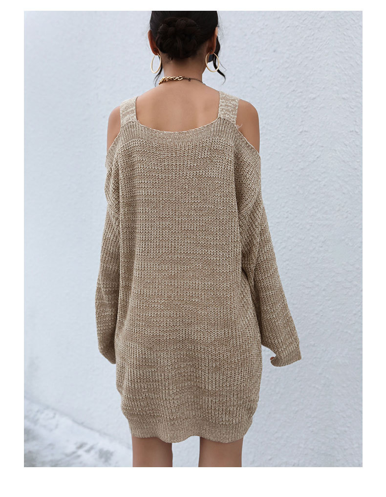 Einfarbiges, langes, einzeiliges Kragen-Hohl-Schulter-Pulloverkleid mit langen Ärmeln_voghion.com