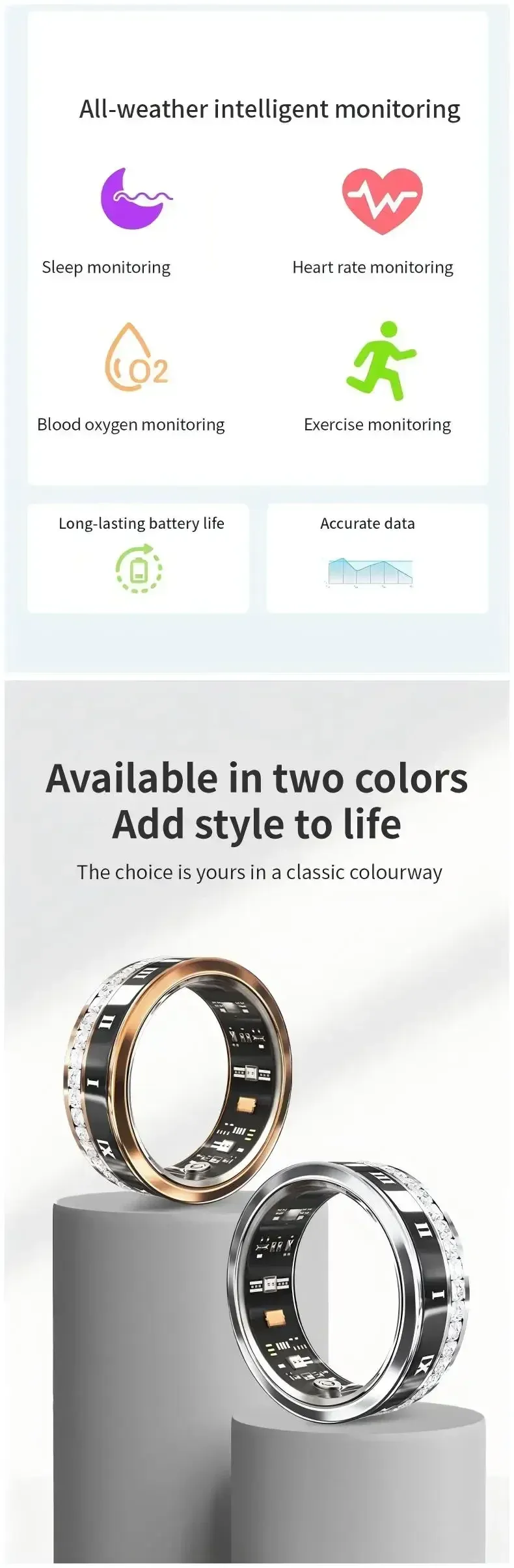 Diamant mit magnetischen Schnelllade-Smart-Ringen, Blutsauerstoff-/Herzfrequenz-/Schlafüberwachung, IP68 5ATM, Sport-GPS-Tracking-Ringe_voghion.com