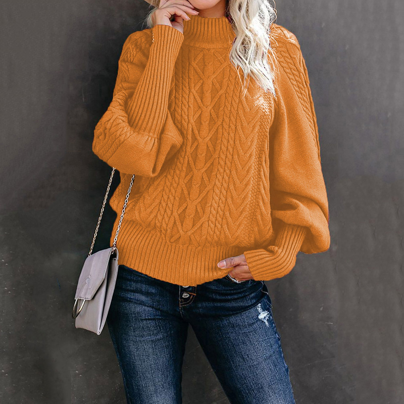 Dames trui met halve kraag voor dames, losse gebreide trui met lange mouwen en effen kleur_voghion.com