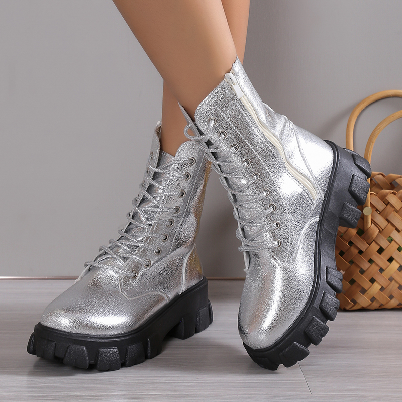 2024 Hot Sale Ladies Shoes Lace Up Women's Autumn Round Toe Solid Platform Water Proof Short Barrel Large Size Naked_voghion.com