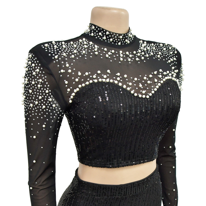 Damenbekleidung, modisches Damen-Zweiteiler-Set mit Rundhalsausschnitt, Mesh-Pailletten, langen Ärmeln und langem Rock_voghion.com