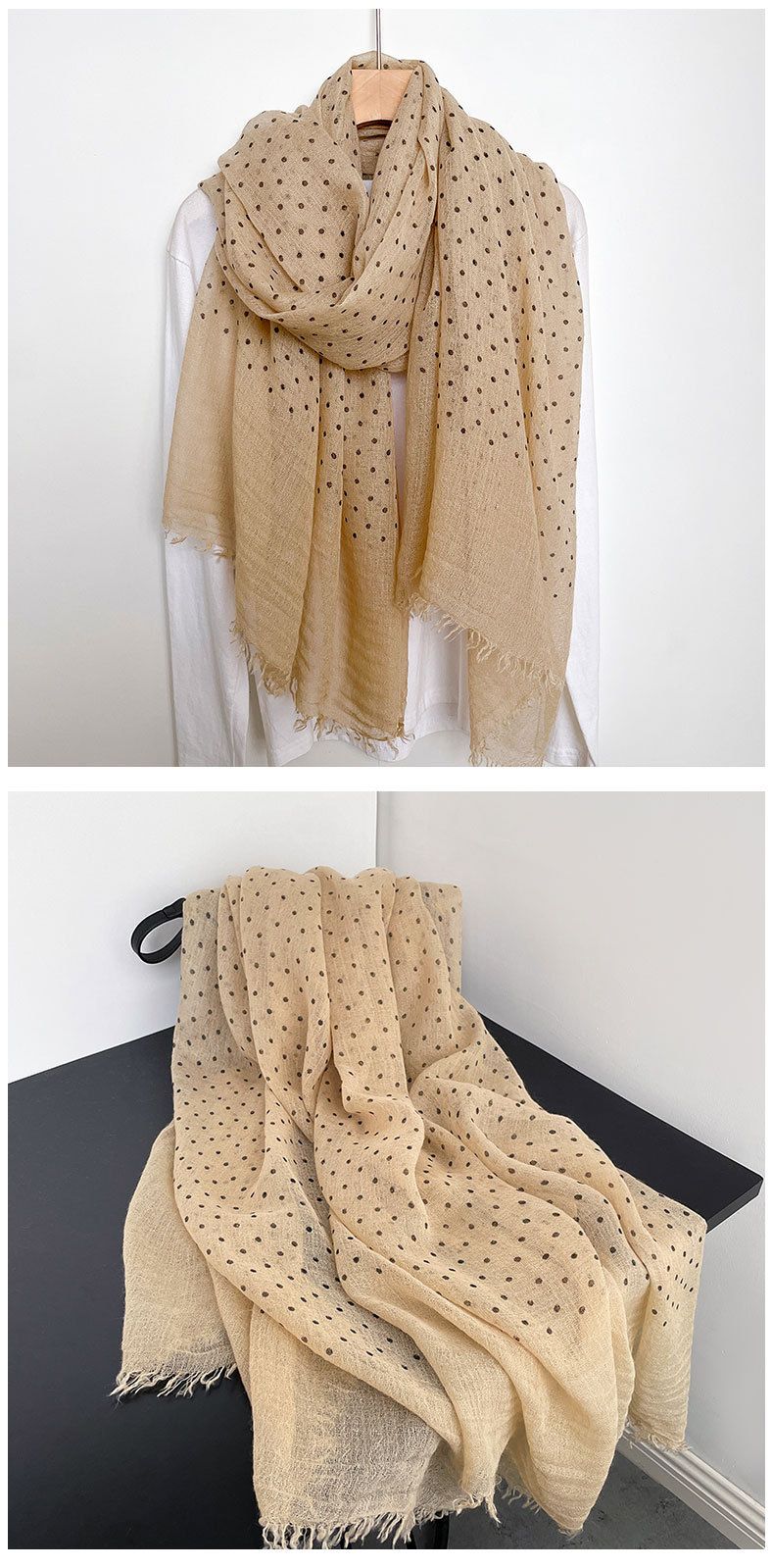 High-end Korean Polka Dot Printed Cotton Linen Scarf, Winter Versatile Long Scarf Shawl_voghion.com