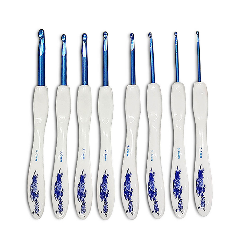 Strickwerkzeug Feine Pullovernadel Kleiner gebogener Griff Blaues und weißes Porzellan Dicke Häkelblisterverpackung_voghion.com