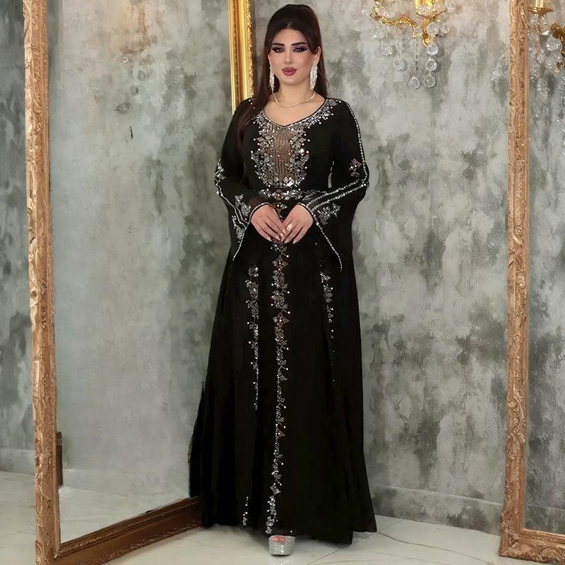 Elegantes Langarm-Maxikleid mit Strassverzierung, schlichtes muslimisches Abendkleid für Damen, A-Linien-Abendkleid in Übergröße (Grün/Violett/Schwarz)_voghion.com