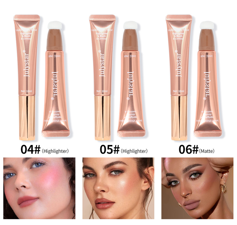 Lápiz iluminador y rubor líquido Julystar: barra de belleza de doble punta con brillo perlado y mate para un brillo natural y contorno 3D._voghion.com