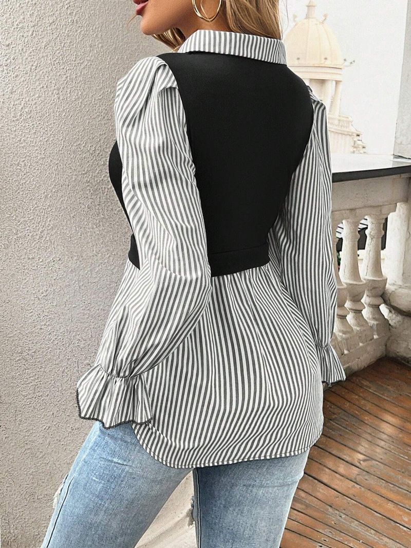 Chaleco de punto de dos piezas con capas y botones a rayas en contraste y solapa para mujer_voghion.com