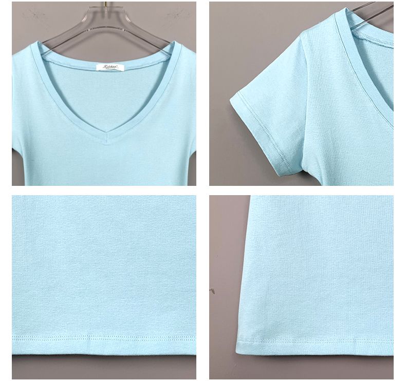 hot selling 2024 Vrouwen Sho Mouwen T-shi V Hals Zwart Wit Tshi Vrouwelijke Basic Effen Kleur Skinny Top Tees Zomer Bottoming_voghion.com