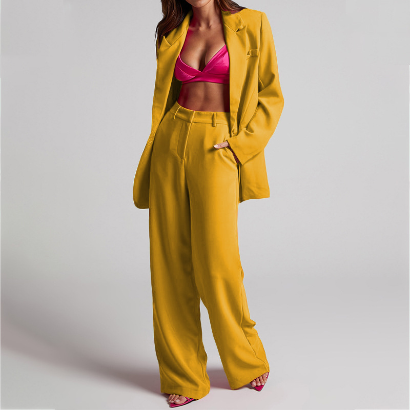 Pantaloni larghi da donna a gamba larga a vita alta a maniche lunghe con risvolto casual, due pezzi_voghion.com