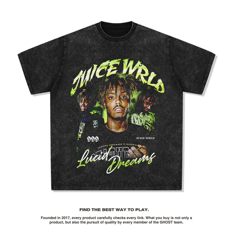T-shirt à manches courtes et longues, imprimé rap américain Juice Wrld, hip-hop street, délavé, tendance_voghion.com