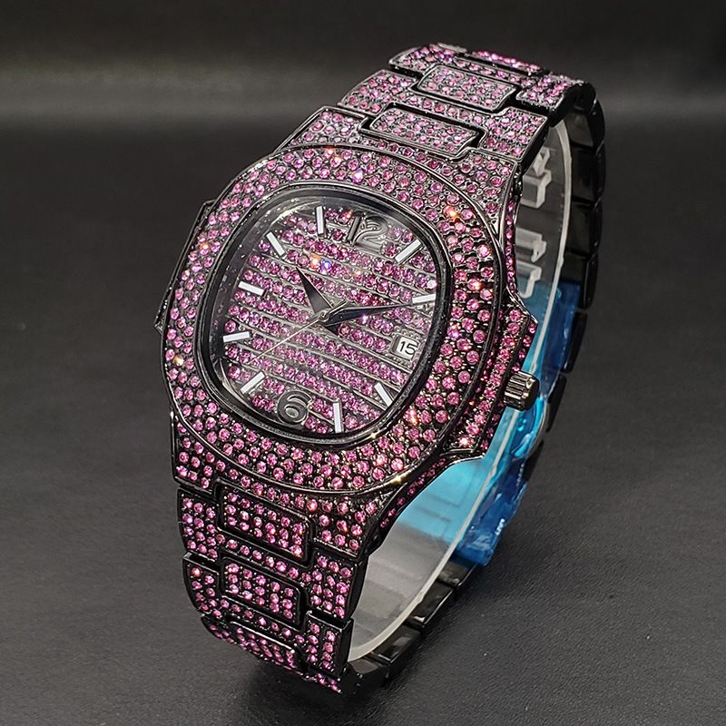 Modische quadratische Uhr für Herren und Damen mit bunten Diamanten, wasserdicht, Quarzwerk, Kalenderfunktion, Schmetterlingsschließe aus Edelstahl_voghion.com