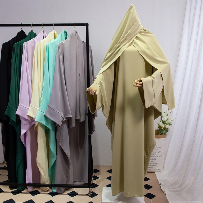 Dammekleeder Einfarweg Arabesch Kleed Fraekleed mat Kappduch Abaya Casual Loose Fliedermausärmel Robe_voghion.com