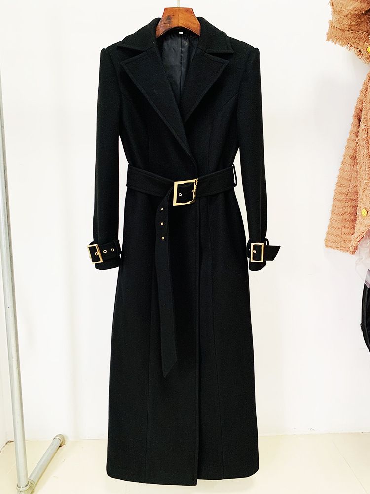 Elegante cappotto lungo in lana con cintura - Trench doppiopetto da donna, classico motivo a quadri, vestibilità slim per l'ufficio, capospalla alla moda_voghion.com