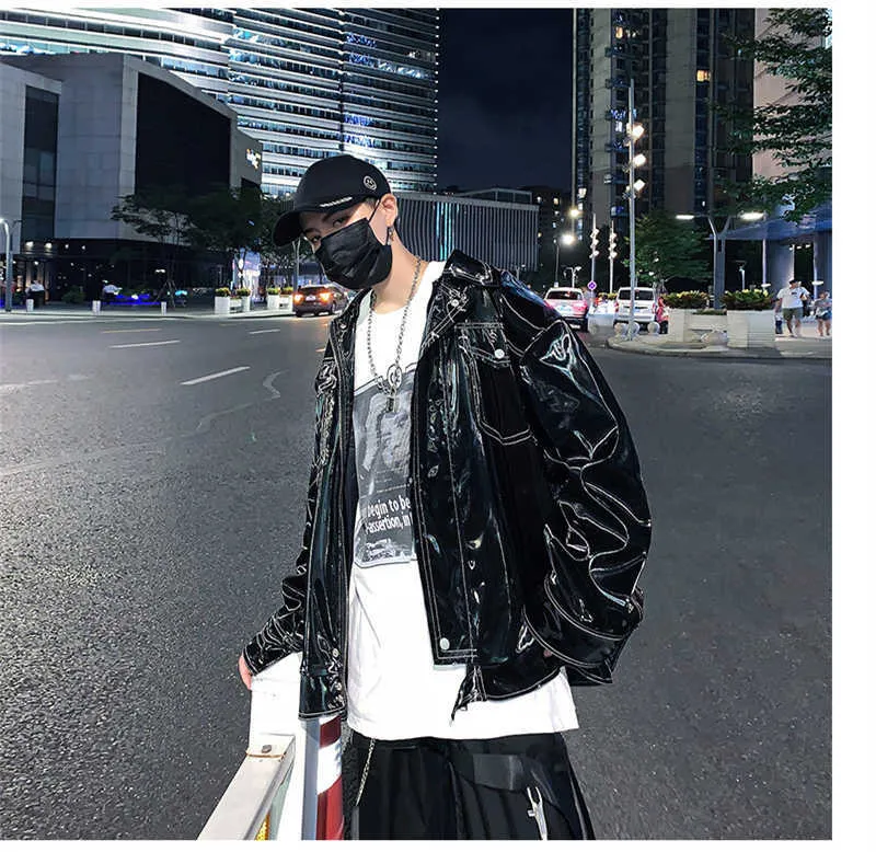 Giacca da uomo in finto Mauroicardi autunno oversize riflettente in vernice lucida con tasche a maniche lunghe 2022 gotico allentato_voghion.com