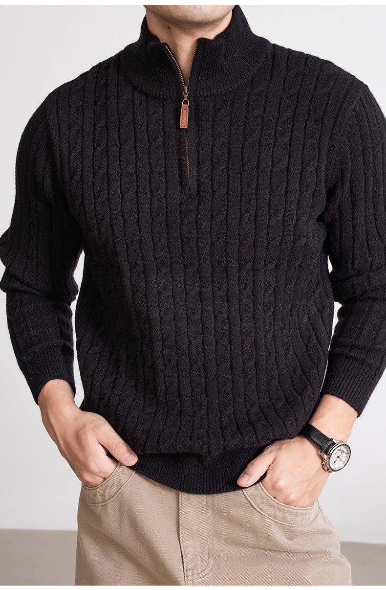Maglione invernale da uomo in maglia a trecce, con mezza zip, spesso e casual, girocollo, da indossare tutti i giorni_voghion.com