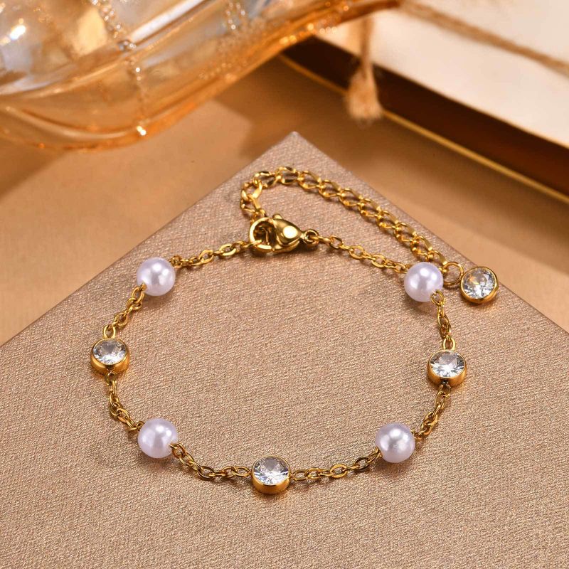 Bracciale da donna in acciaio inossidabile con catena a croce piatta e zirconi, perle, stile vintage dorato, per autunno e inverno_voghion.com
