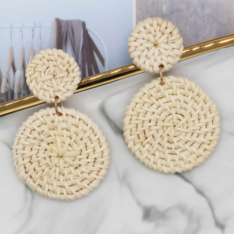 Set di orecchini in rattan intrecciato a mano con doppio giro, stile moda_voghion.com