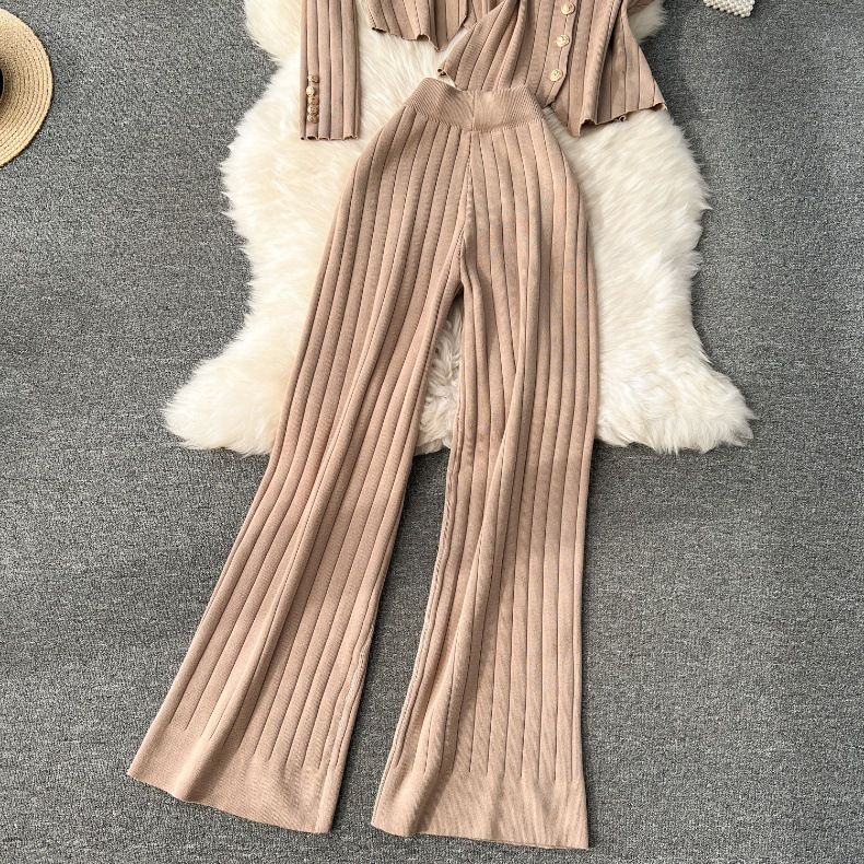 Women's Clothing Metal Buckle Vest Versatile Knitted Cardigan Wide Leg Pants Fashion Three Piece Set_voghion.com