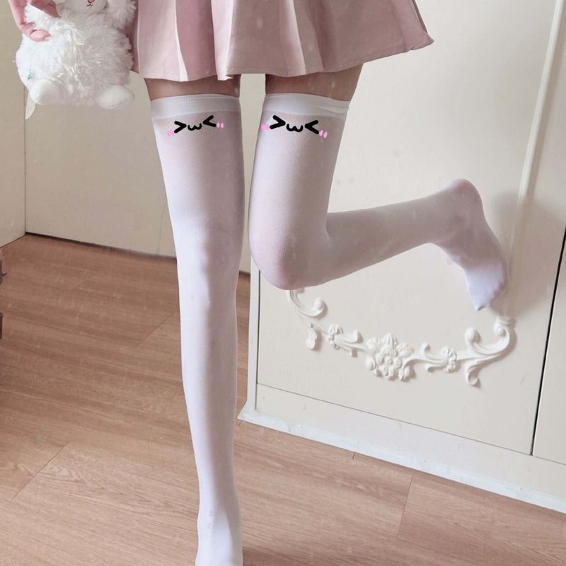 Medias largas de terciopelo con estampado de gato adorable por encima de la rodilla, estilo anime, para niña, estilo JK_voghion.com