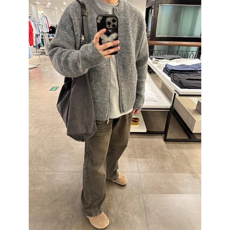 Mohair-Strickjacke für Herren, Reißverschlusspullover für Frühling und Herbst, lässiges High-End-Gefühl, kurzes Cleanfit-Oberteil_voghion.com