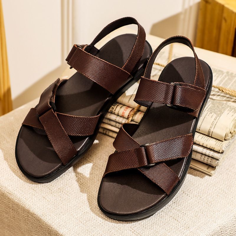 Sommer Herren Ledersandalen, Rutschfeste Und Geruchsresistente Strandschuhe, Bedrucktes Oberschichtrindleder, Lässige Sandalen Für_voghion.com