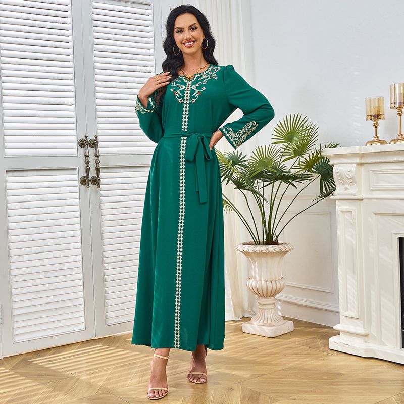 Vestido largo de verano con bordado de color liso y estilo étnico para mujer musulmana_voghion.com