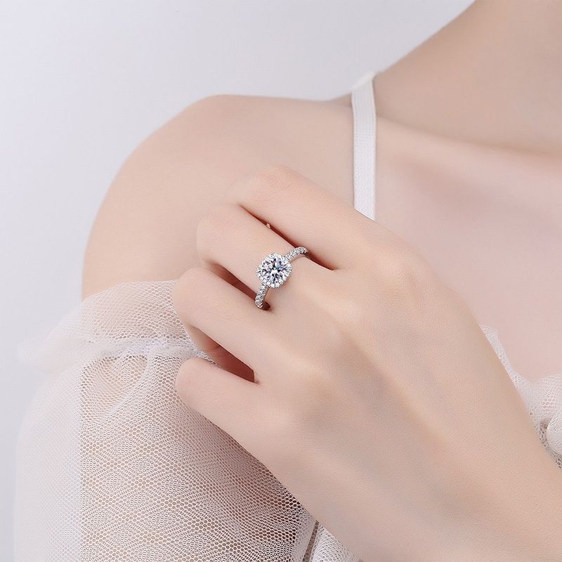 Mosang Ring Women's D Color 1 Carat Micro Set Square Bag High Carbon Stone S Silver Plated Platinum Couple Adjustable_voghion.com