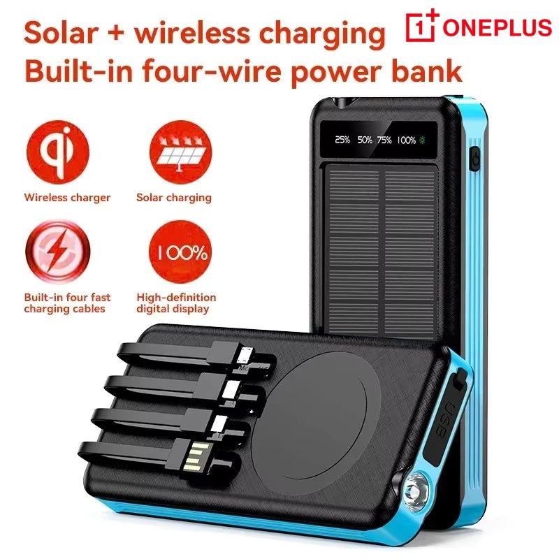 100000mAh Solar Bank Wireless Fast Charging Battery Large Capacity Mobile Power Dual USB 4 Cables For IPhone_voghion.com