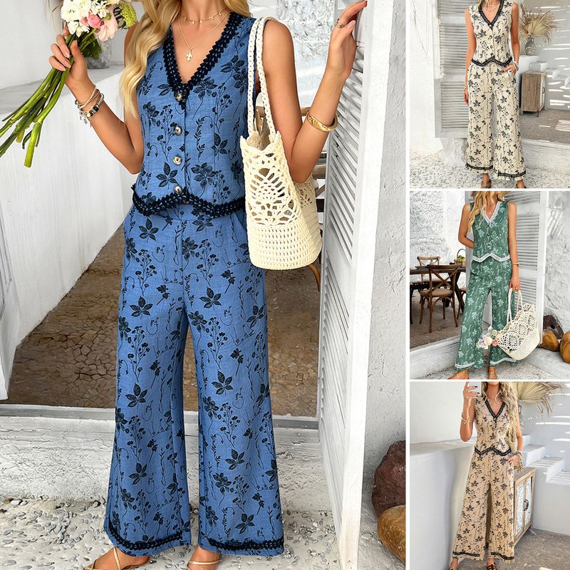 Diyun 2025 Spring Summer Bohemian Style Printed Lace Cardigan Vest Long Pants Set Women's Clothing_voghion.com