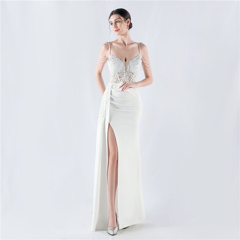 Women's Clothing Heavy Hot Diamond Custom Flower Waist Fishbone Beaded Satin Evening Dress Annual Meeting Wedding_voghion.com