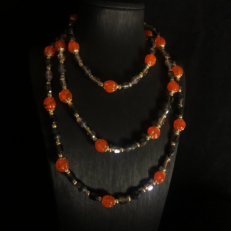 Medieval vintage suit pumpkin-shaped glass beads long necklace matching earrings high-end temperament sweater chain for women_voghion.com