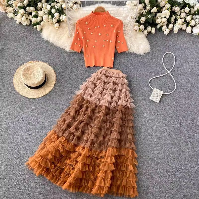 Haut tricoté à perles lourdes pour femmes, coupe cintrée, haut court en maille, jupe mi-longue, ensemble deux pièces_voghion.com