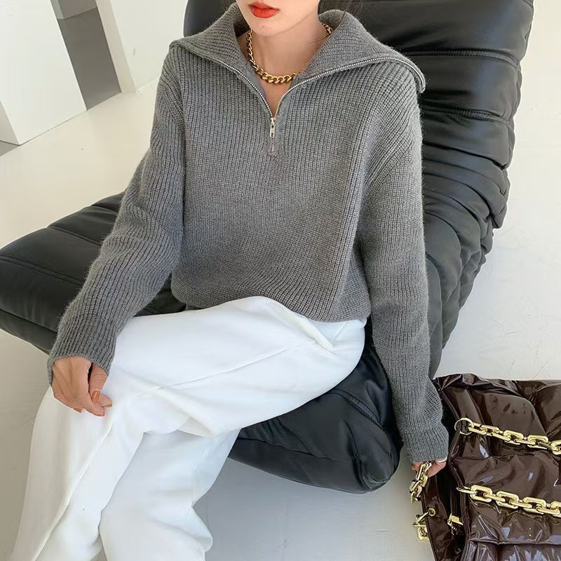 Cozy Oversized Zip-front Knit Sweater For Women - Lazy Chic Pullover With Stand Collar In Solid Colors (Gray, Beige, Coffee, Black, Blue, Oatmeal)_voghion.com