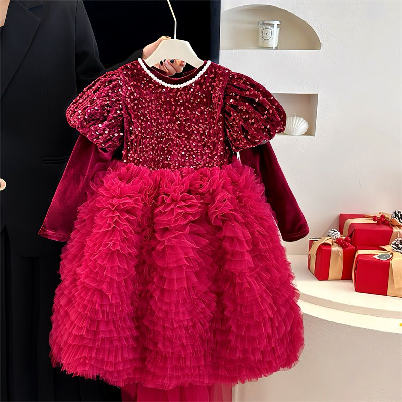 Abbigliamento per bambini Capodanno Natale Autunno e inverno Ragazze Gonna rossa con paillettes Abito di alta qualità Fiocco Fiore Ragazza Temperamento Tutu Gonna a ruota_voghion.com