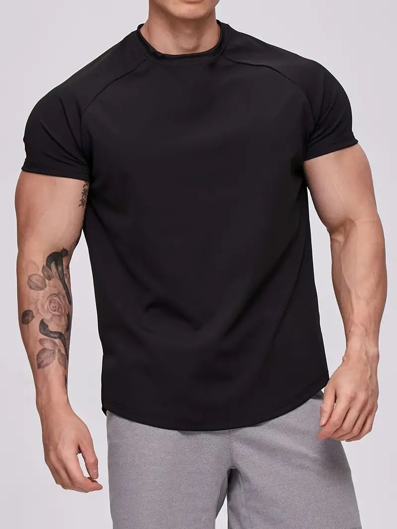 Nova camiseta de secagem rápida masculina, cor sólida, fitness, manga curta, camiseta de verão, corrida, esportes, roupas de secagem rápida_voghion.com