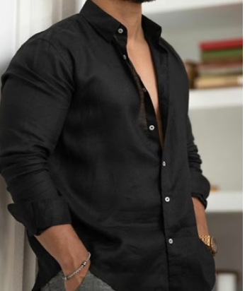 Herren Leinenhemd Button-Up Hemd Sommer Strand Hemd Einfarbig_voghion.com