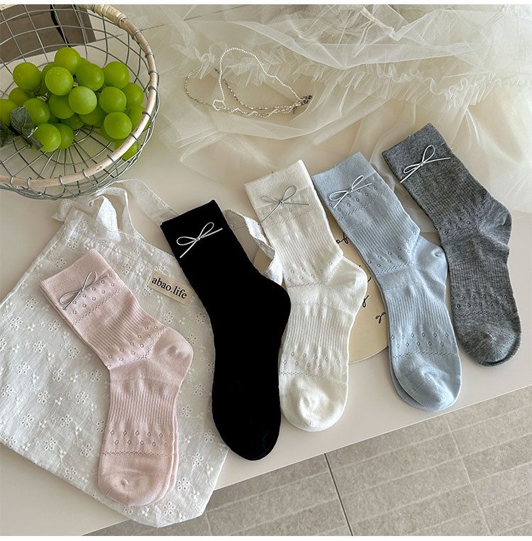 Calzini senza cuciture a metà polpaccio con fiocco in pelle, calzini da donna in velluto sottile a rete dolce primaverile, calzini da donna estivi_voghion.com