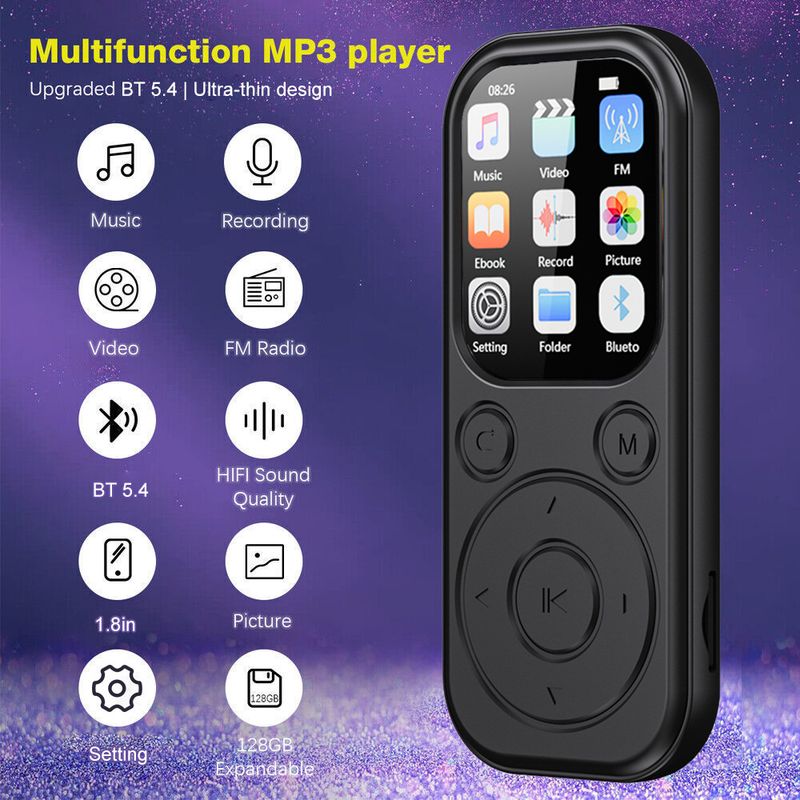 MP3 player de 1,8 polegadas Bluetooth 5.4 Walkman portátil compatível com gravação de e-books Rádio FM Player de música Cartão TF expansível_voghion.com