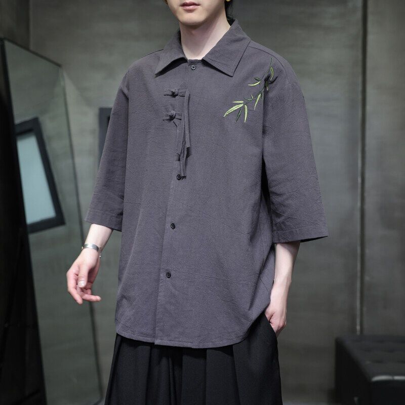 2025 Zomer Dunne Tang Kleding Hanfu Nieuwe Chinese Stijl Knopen Borduurwerk Top Losse IJs Zijden Korte Mouwen Shirt Voor Mannen_voghion.com